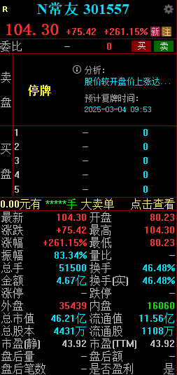 新股N常友大涨261.15%触发临停