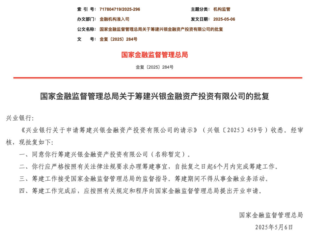 八年来，首次批筹！兴业银行获批筹建兴银金融资产投资有限公司
